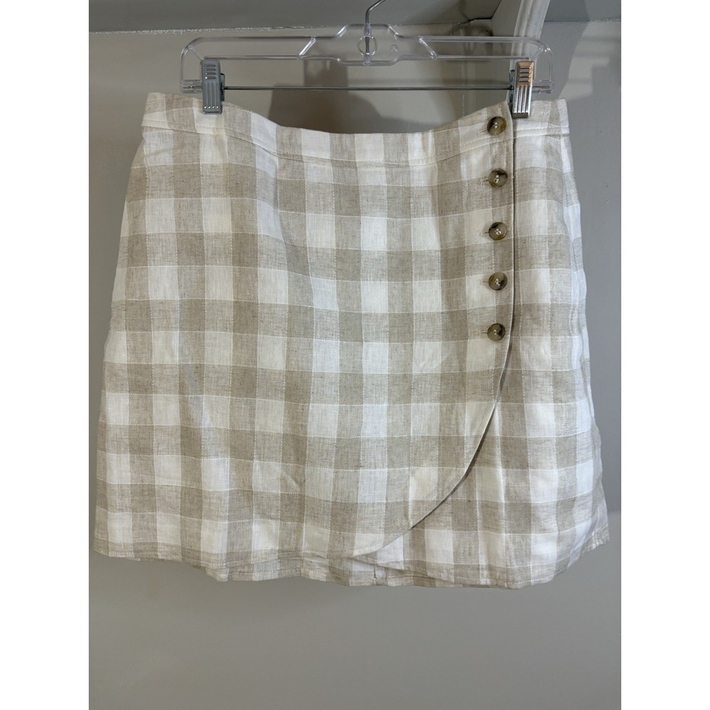 NWT MADEWELL Beige Linen Blend Gingham Wrap Mini Skirt 14‎